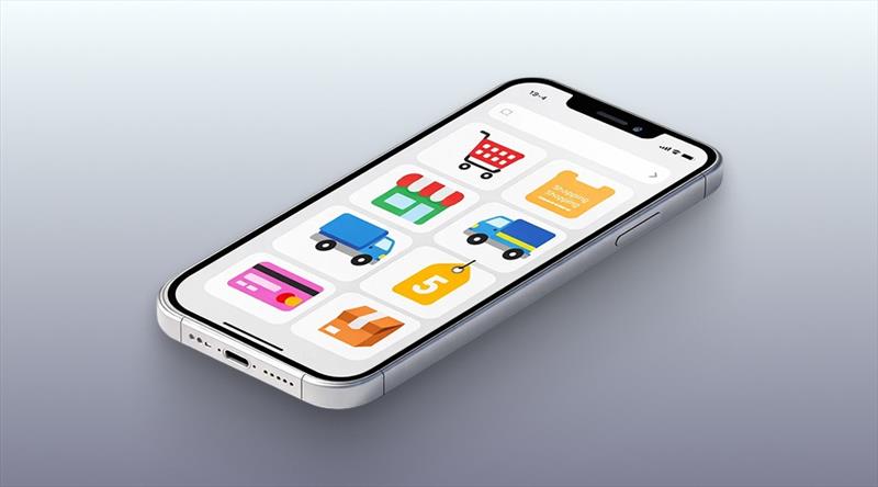 A 3D render of a smartphone displaying various icons.