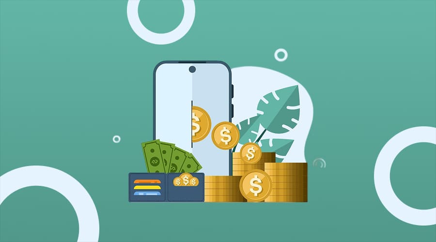 An illustration of a smartphone next to stacks of gold coins, paper money, and a wallet on a green background.