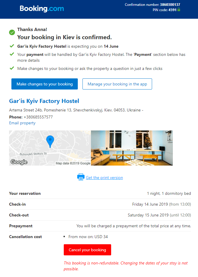 booking confirmation email