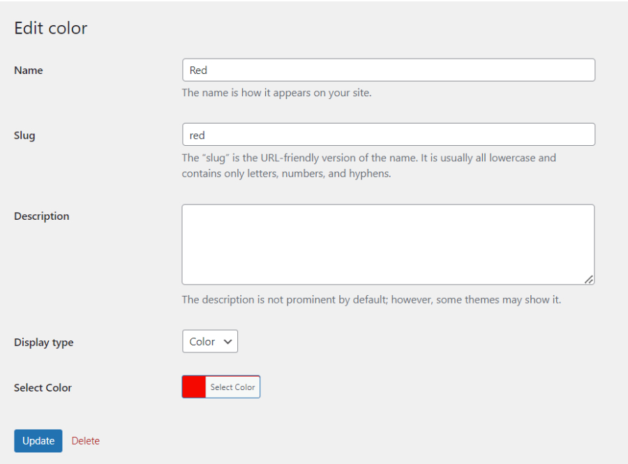 Edit Attribute Terms - WooCommerce Variation Swatches