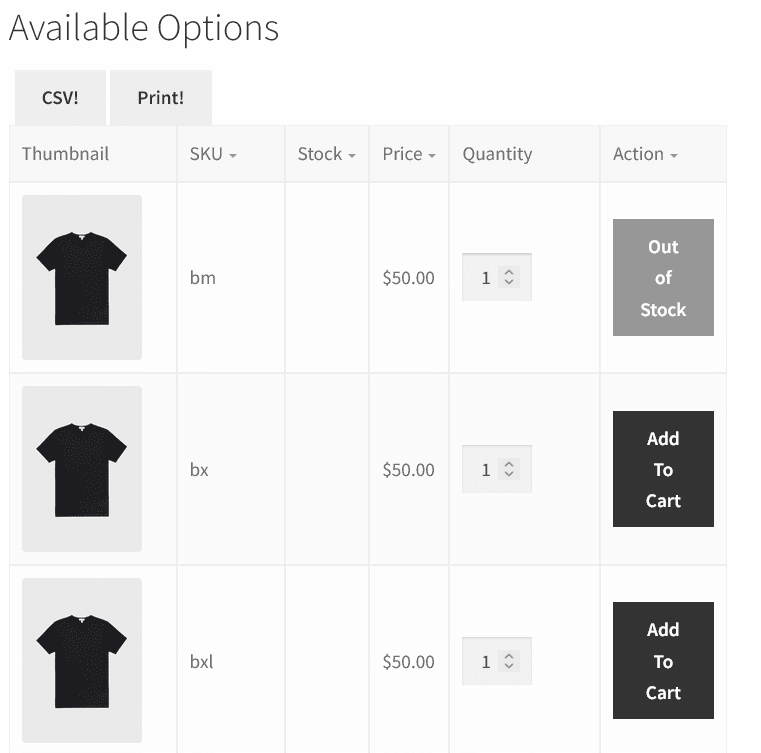 Product Variations Table - WooCommerce Variation Swatches