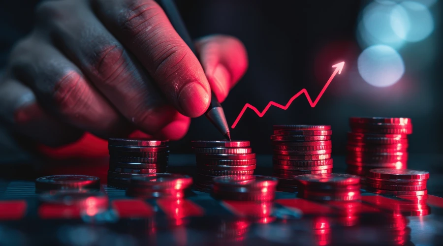 Hand holding a pen near stacks of coins with a glowing red upward-trending arrow above.