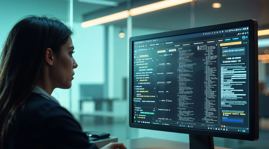 Side view of a developer reviewing code displayed on a large computer monitor in an office.