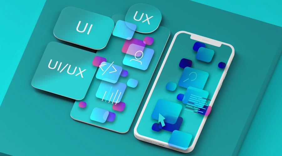 3D graphic of a smartphone alongside floating teal UI/UX design components and app icons.