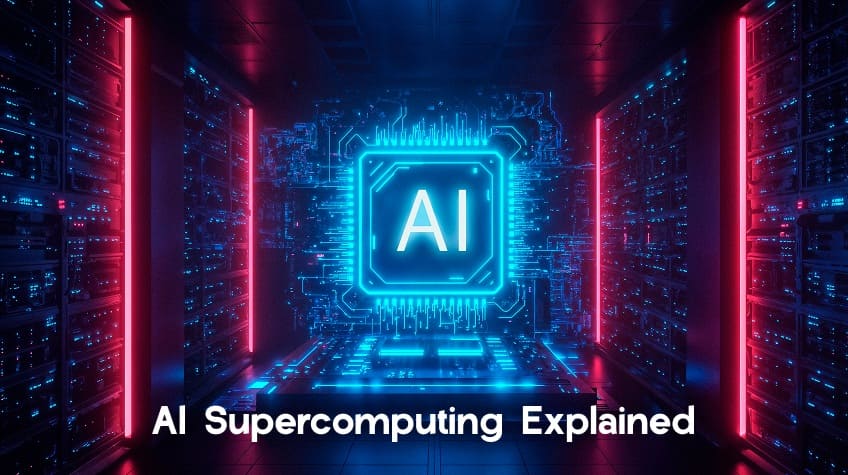 Digital illustration of a glowing AI chip centered between two rows of server racks with Text: "AI Supercomputing Explained."