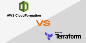 Comparison graphic with AWS CloudFormation and HashiCorp Terraform logos separated by an "VS"
