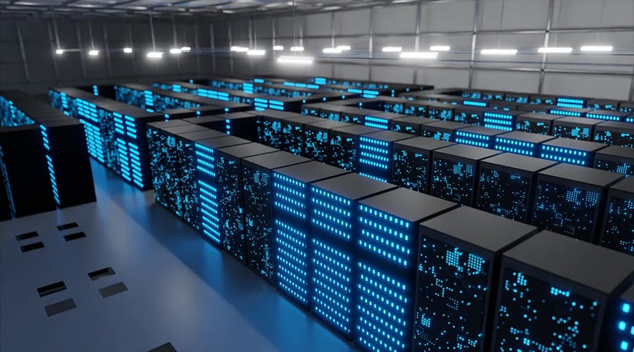A wide-angle view of data center filled with rows of black server cabinets featuring glowing blue hexagonal patterns and lights.
