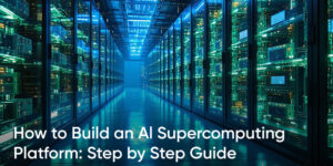 A long-view shot of a data center corridor with rows of server racks illuminated by bright cyan and blue lights.