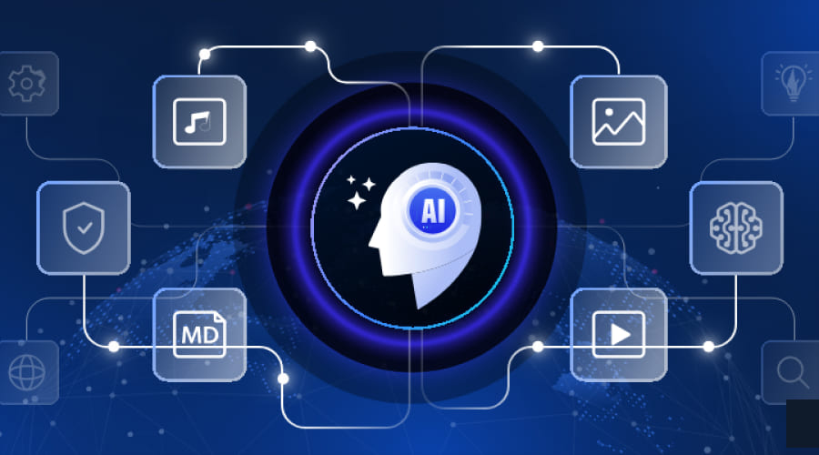 A digital illustration featuring a central AI head icon connected to various media and security icons.
