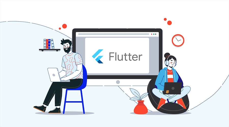 Illustration of a man and a woman working on laptops in front of a large monitor displaying the Flutter logo.