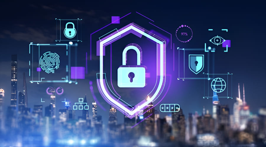 Comprehending New Threat Landscape - WeeTech Solution Pvt Ltd Digital security icons including a shield, padlock, and fingerprint superimposed over a blurred nighttime city skyline.