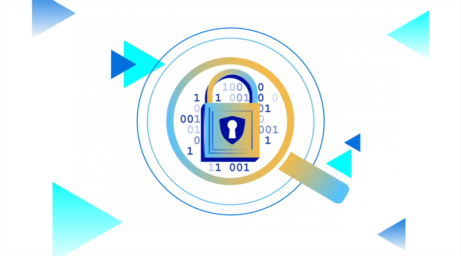 Data Encryption - WeeTech Solution Pvt Ltd A magnifying glass hovering over a digital padlock icon centered within a field of binary code.