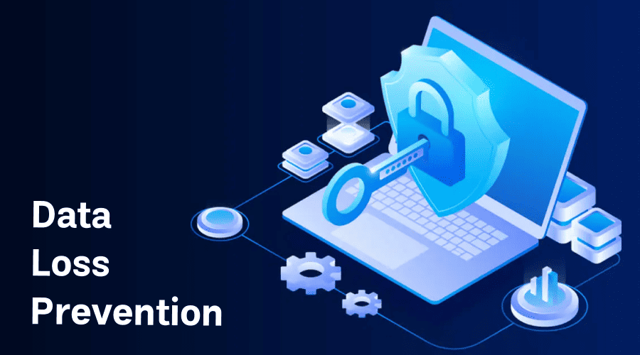 Data Loss Prevention DLP - WeeTech Solution Pvt Ltd Isometric illustration of a laptop with a shield, lock, and key. Text: "Data Loss Prevention."
