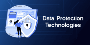 Data Protection Technologies Encryption DLP Backup and Access Control - WeeTech Solution Pvt Ltd A person standing next to a large shield with a padlock icon, in front of a digital screen displaying files and profiles