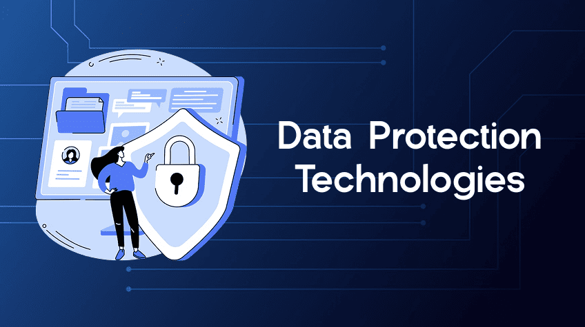 Data Protection Technologies Encryption DLP Backup and Access Control - WeeTech Solution Pvt Ltd A person standing next to a large shield with a padlock icon, in front of a digital screen displaying files and profiles