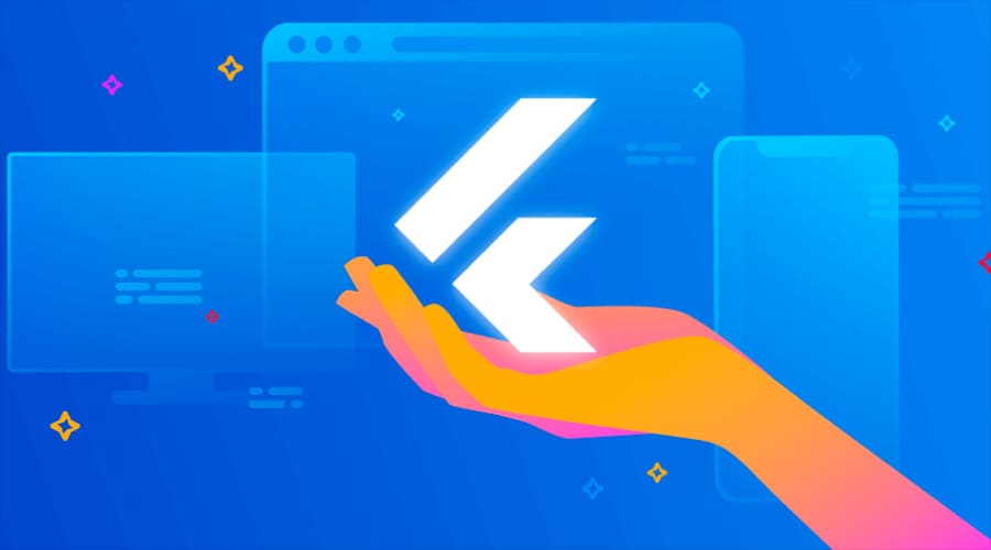 A stylized hand holding a glowing Flutter logo against a blue background with outlines of a computer monitor and a smartphone.