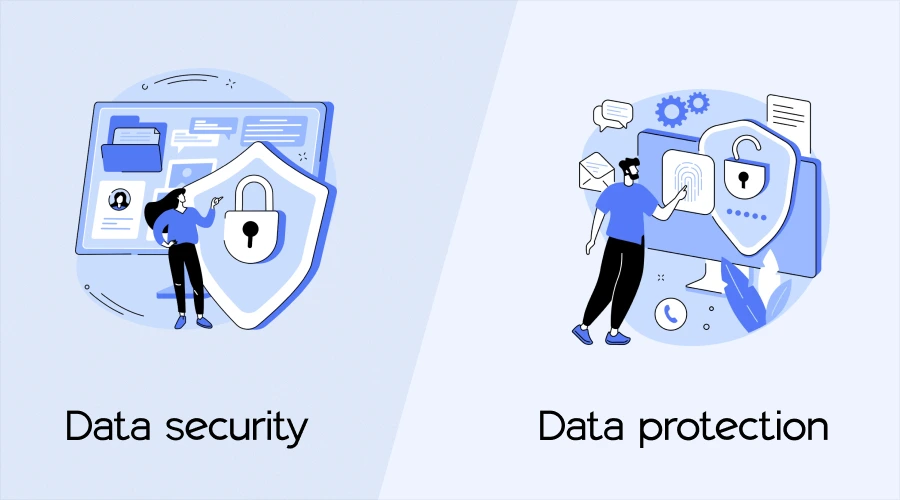 How is Data protection different from Data security_ - WeeTech Solution Pvt Ltd Comparison graphic between "Data security" and "Data protection" using icons for files, biometrics, and shields.