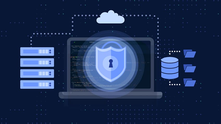 Conceptual graphic of a security shield over code on a laptop screen, representing IaC protection.
