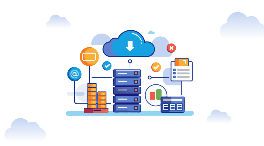 Storage Management - WeeTech Solution Pvt Ltd A diagram featuring a central server tower connected to cloud storage, data charts, and various interface icons.