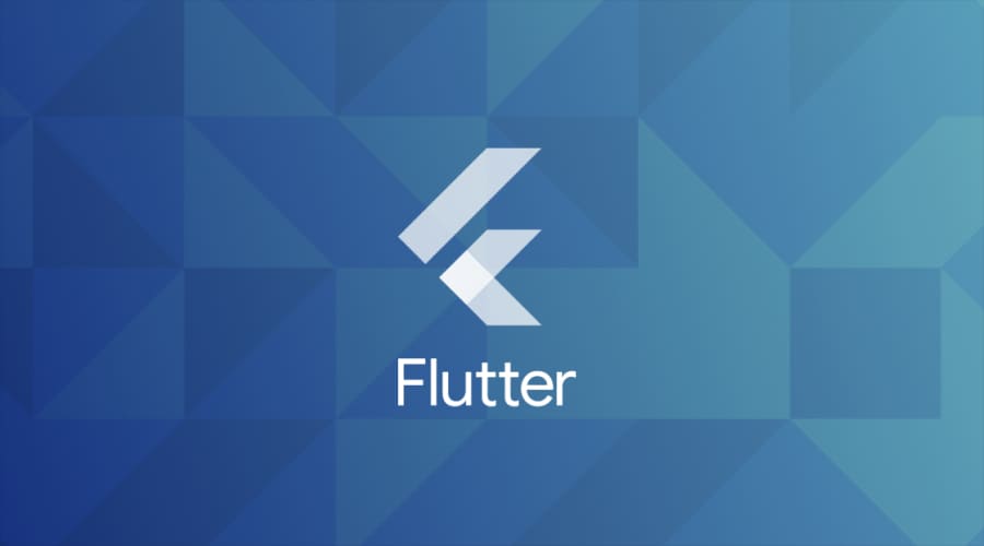 The Flutter logo and wordmark centered on a blue background with a geometric, triangular pattern