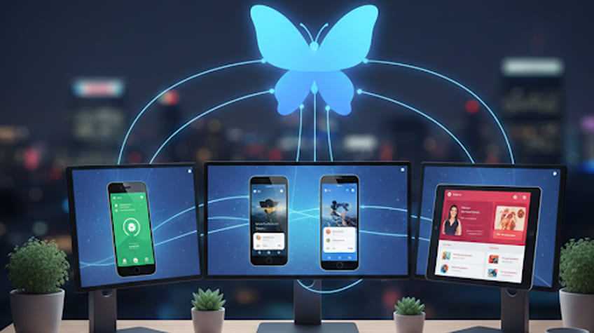 A  butterfly icon connected by light trails to several screens showing different mobile and tablet app interfaces.