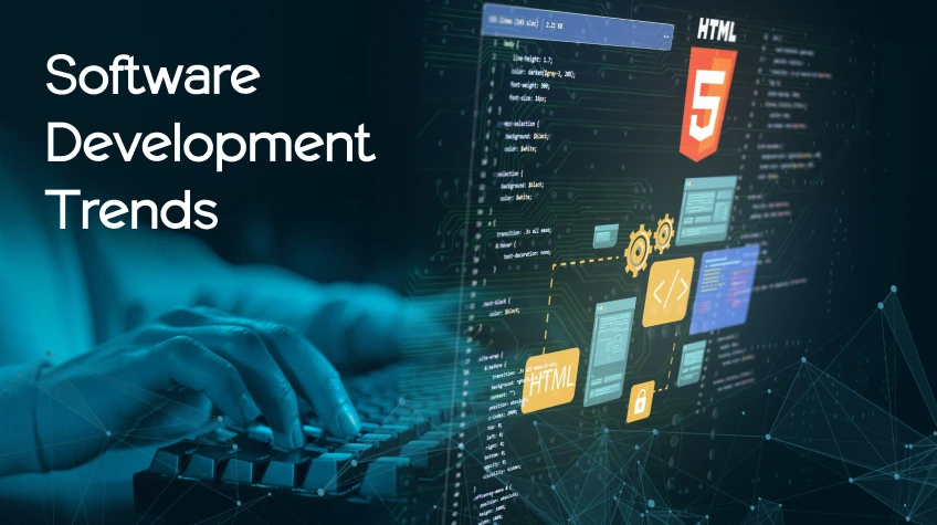 A developer typing on a keyboard with a digital overlay of code, HTML5 logo, and UI elements.