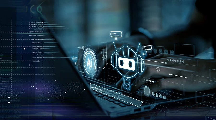 Close-up of hands typing on a laptop with a glowing AI robot head icon and digital code data.