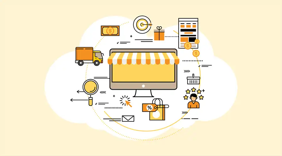Automation Opportunities - WeeTech Solution Pvt Ltd Illustration of a digital storefront surrounded by icons for shipping, marketing, and customer service automation.