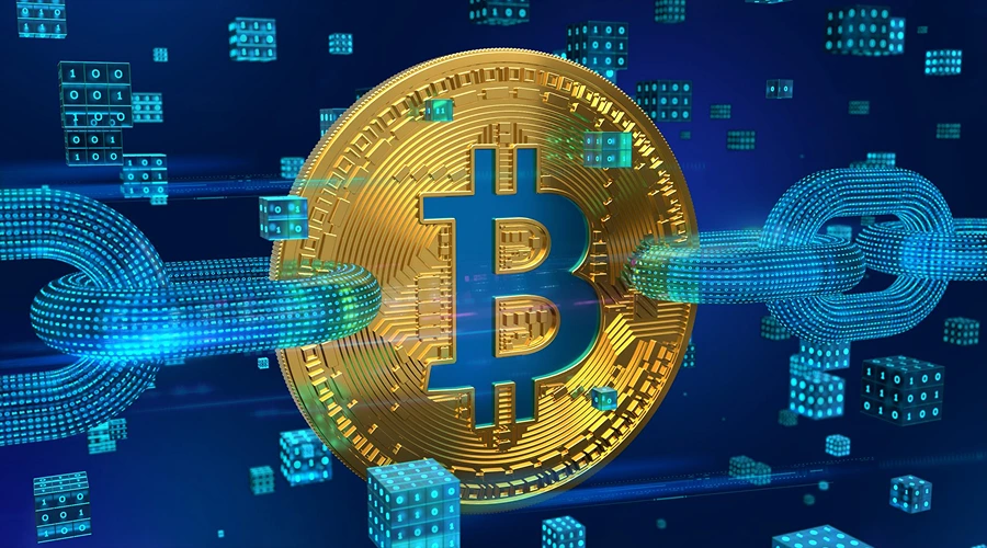 A large golden Bitcoin coin centered within a glowing digital chain and floating data blocks.