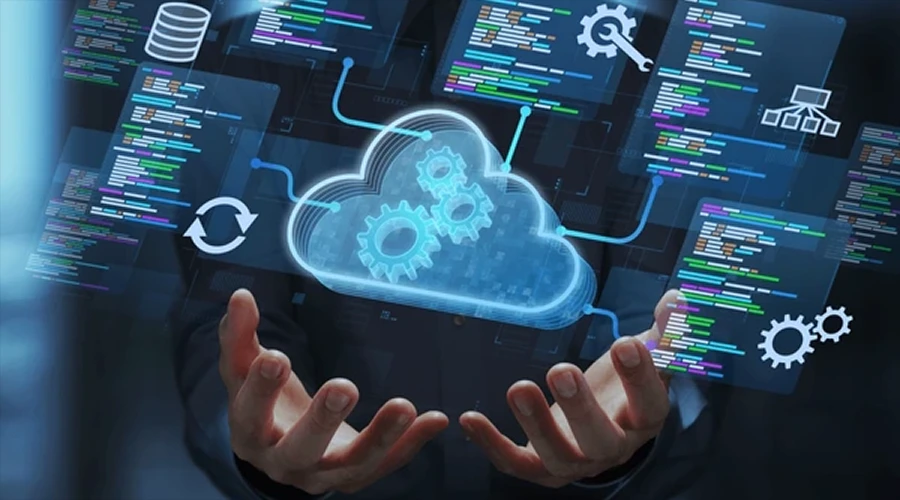 A pair of hands holding a glowing digital cloud icon surrounded by floating gears and app interface windows.