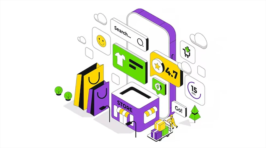 Components of E-commerce_ Building Blocks of a Successful Online Business - WeeTech Solution Pvt Ltd Isometric illustration of e-commerce components including a smartphone, a storefront, shopping bags, a search bar, and a delivery worker with packages.