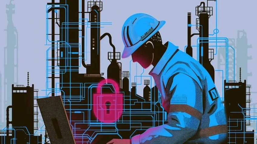 A worker in a hard hat using a laptop in front of a stylized industrial plant with a glowing pink padlock overlay.