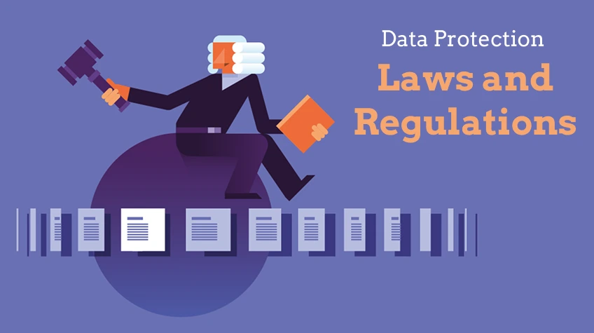 A stylized graphic of a judge with a gavel sitting atop a globe and a row of documents, titled "Data Protection Laws and Regulations."