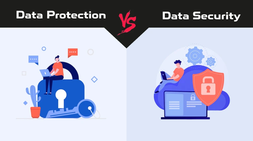 "Data Protection vs Data Security" infographic comparing icons of a large padlock and key with a shield and laptop.