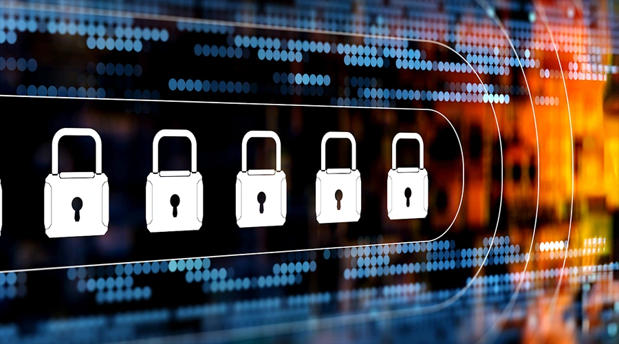 Five white padlock icons displayed in a row against a background of glowing blue and orange digital data patterns.