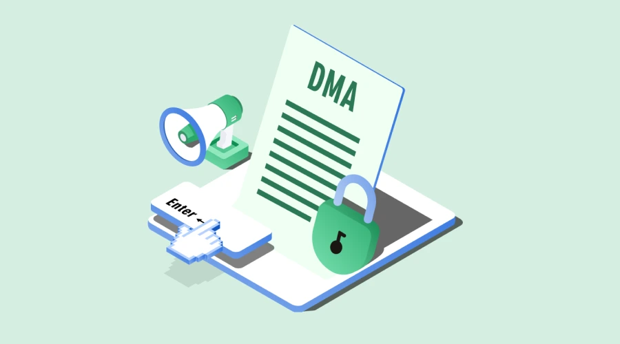 An isometric illustration of a document labeled "DMA" (Digital Markets Act) next to a green megaphone and a padlock, symbolizing digital regulation and security.