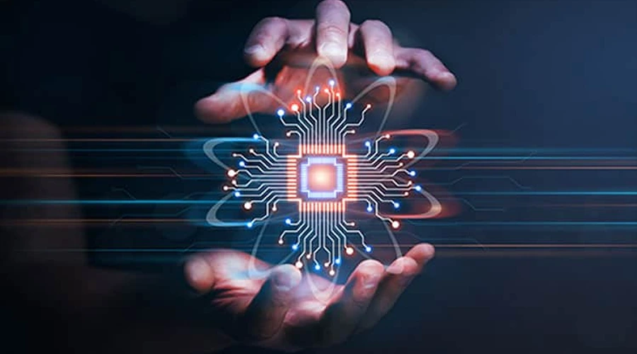 A pair of hands holding a glowing, futuristic microchip icon representing innovation and competitive technology.