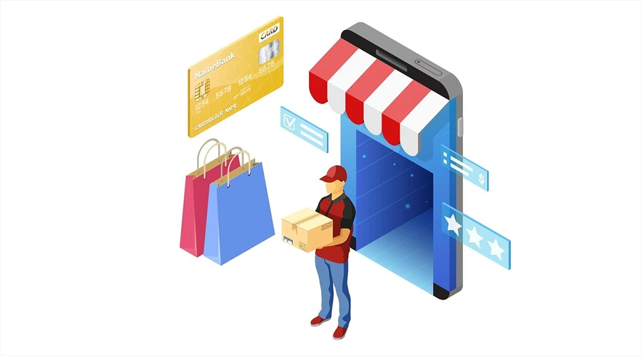 Functions of Ecommerce Operational Efficiency and Customer Satisfaction - WeeTech Solution Pvt Ltd Isometric graphic showing a delivery person holding a package next to a smartphone with a storefront awning, a credit card, and shopping bags.