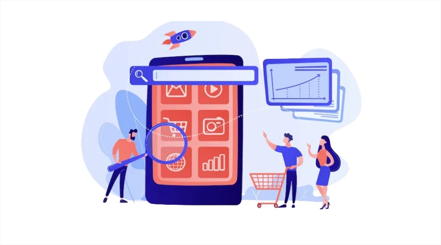 Gaining a competitive advantage in e-commerce - WeeTech Solution Pvt Ltd Stylized illustration of people interacting with a large smartphone interface featuring search, data charts, and shopping icons to represent competitive advantage.