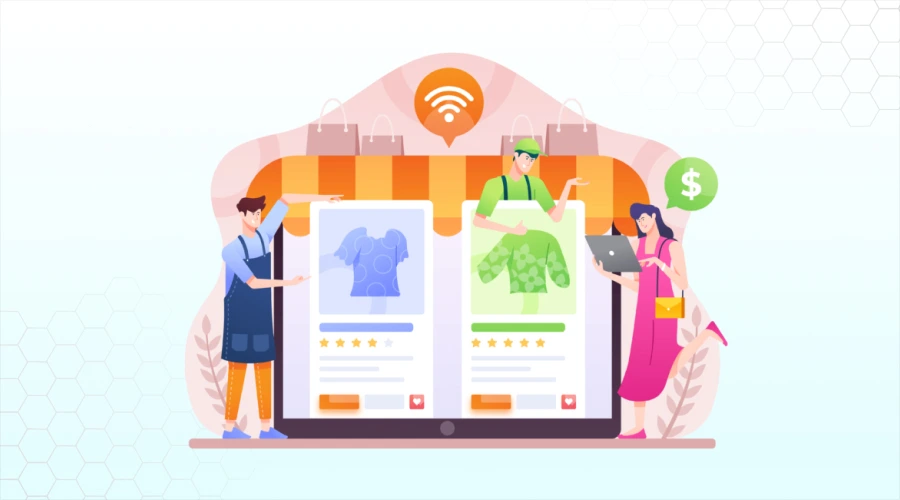 An illustration titled "How to Choose The Right E-commerce Model for Your Business" showing a digital storefront on a tablet with characters managing products and shopping.