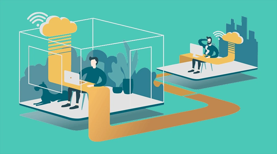 Illustration of two remote workers in different locations connected by a winding orange path and cloud sync icons.