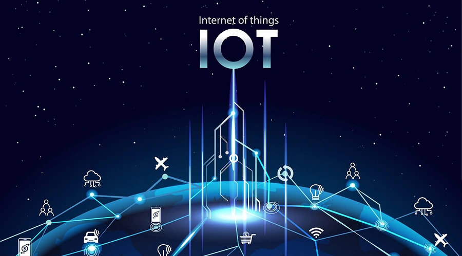 A digital depiction of Earth with a network of glowing lines connecting various icons like cars, planes, and shopping carts under the text "IOT."