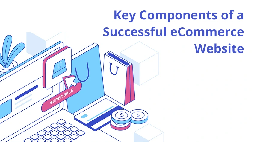 Isometric line art of a laptop screen, shopping bags, and coins, with the title text "Key Components of a Successful eCommerce Website."