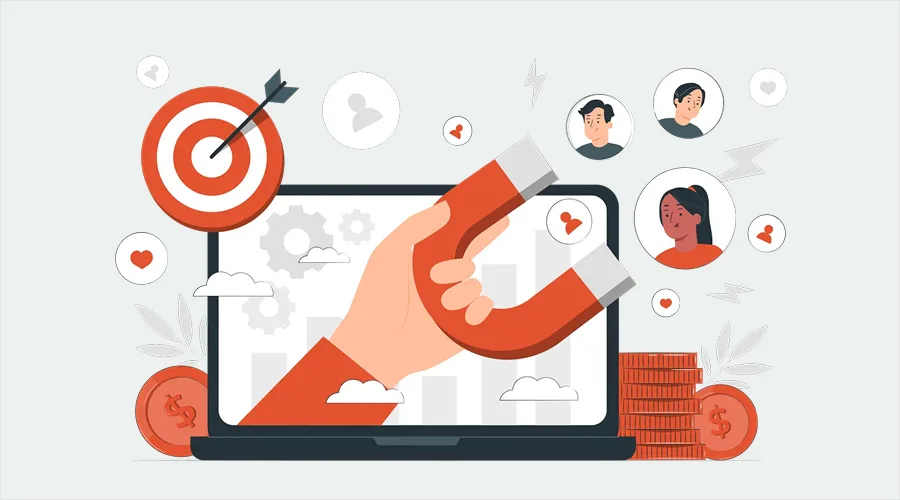 Marketing Customer Acquisition - WeeTech Solution Pvt Ltd Illustration of a hand holding a magnet over a laptop to attract new customers.