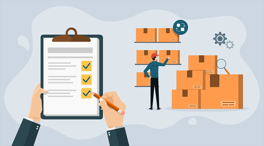 Illustration of a person checking items off a clipboard in front of a warehouse worker organizing stacks of boxes on shelves.