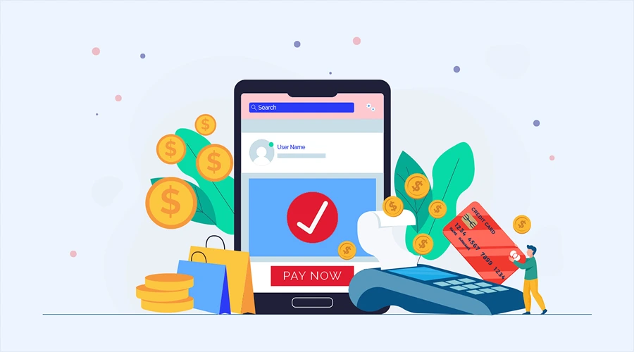 Illustration of a smartphone showing a "Pay Now" button and a success checkmark, surrounded by floating coins, a credit card, and a POS terminal.