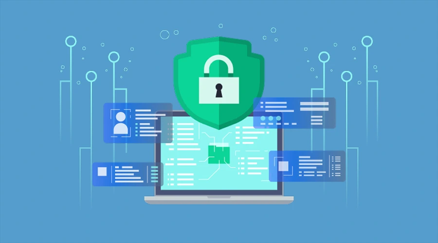 A laptop screen showing data modules, protected by a large green shield icon with a white padlock in the center.