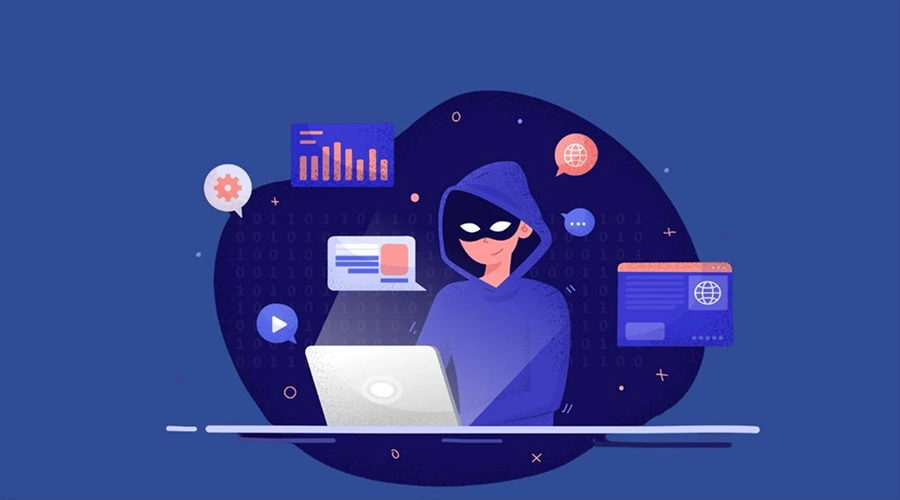 A hooded figure in a mask sitting at a laptop, surrounded by floating digital data icons and binary code on a dark blue background.