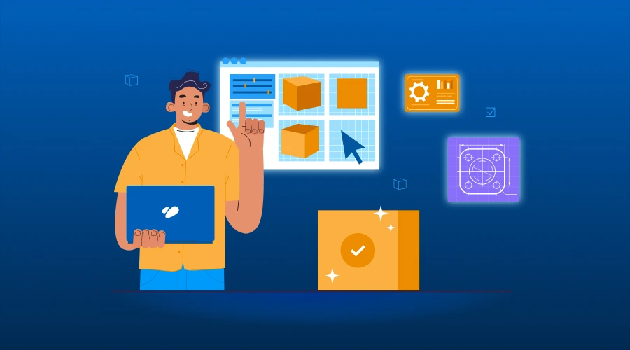 Illustration of a man with a laptop managing a digital interface that displays 3D product boxes, gears, and technical blueprints.