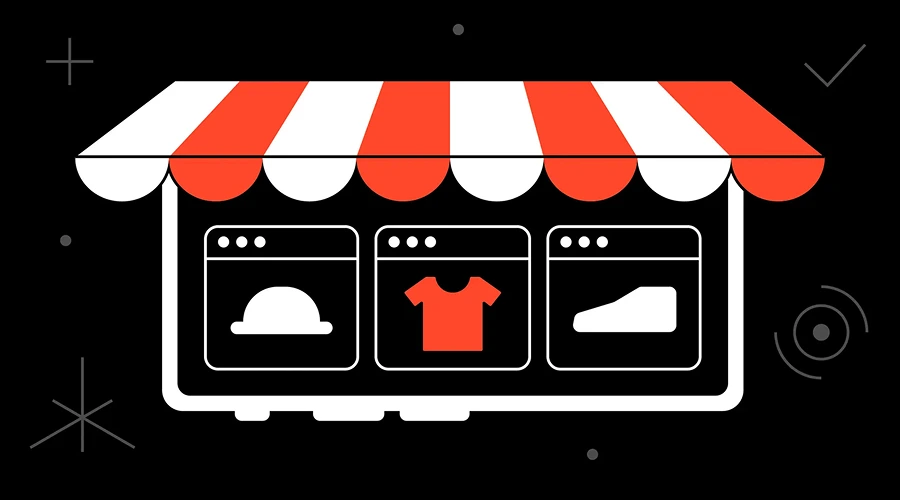 A stylized laptop with a red and white striped awning, displaying three window panes featuring icons for a hat, a t-shirt, and a shoe.